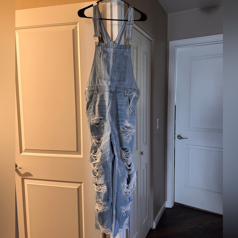 Women's Light Blue Distressed Denim Overalls